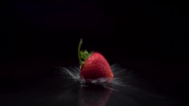 Strawberry slow motion closeup falling in water with Splash droplets — Stock Video