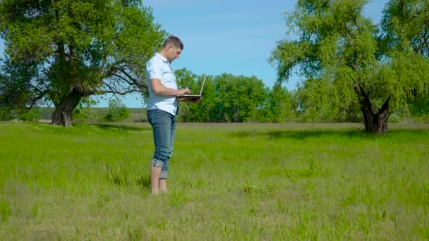 Uomo d'affari Lavora dietro un computer portatile sul prato — Video Stock