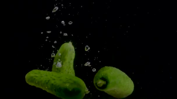 Gurken-Zeitlupe Nahaufnahme, die ins Wasser fällt — Stockvideo