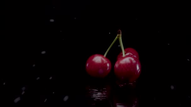 Cherry slow motion closeup falling in water with Splash droplets — Stock Video