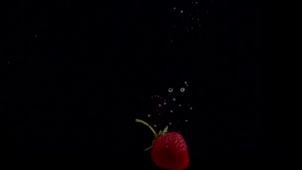 Aardbei slow motion close-up vallen in het water — Stockvideo