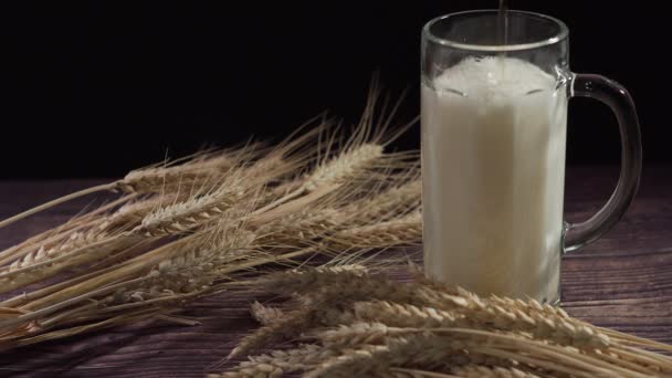 Beer and wheat. Pouring beer into glass. — Stock Video