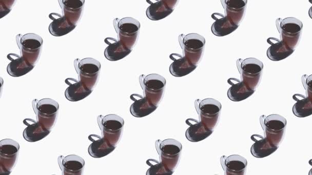 Padrão com muitas xícaras de chá animadas em fundo branco — Vídeo de Stock