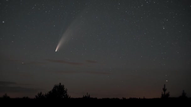 Kometa porusza się po nocnym niebie pośród gwiazd — Wideo stockowe