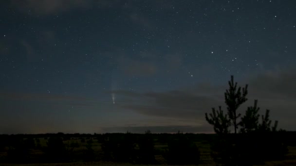 Kometa porusza się po nocnym niebie pośród gwiazd — Wideo stockowe