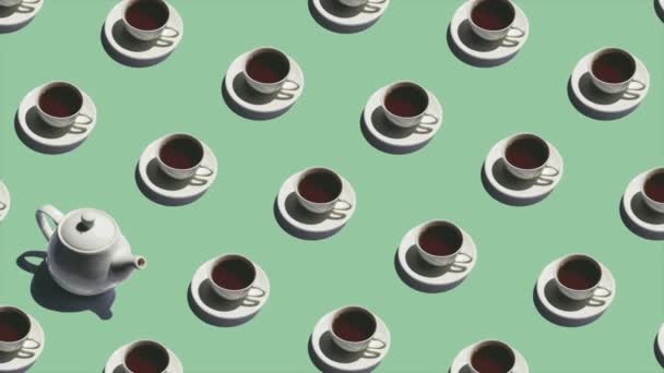 Patrón con tetera solitaria y muchas tazas de té animado — Vídeos de Stock