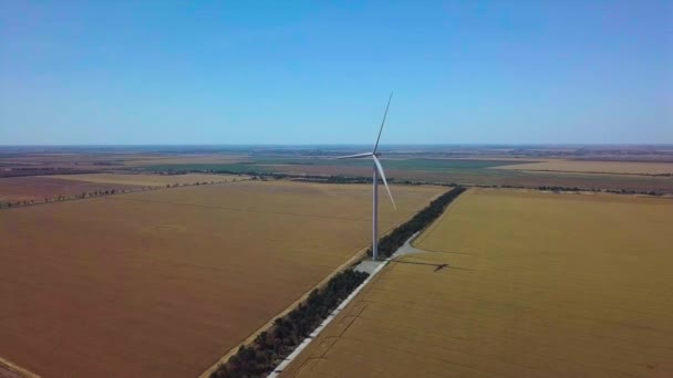 Aerial view of windmills rotating by the force of the wind and generating renewable energy. 4K — Stock Video