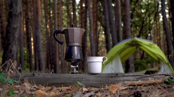Ο αρωματικός καφές παρασκευάζεται σε μια καφετιέρα geyser στο δάσος — Αρχείο Βίντεο