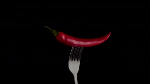 포크 위의 뜨거운 붉은 칠리 고추 회전 — 비디오