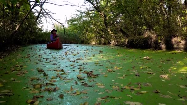 Καουμπόι σε κανό επιπλέει στο ποτάμι — Αρχείο Βίντεο