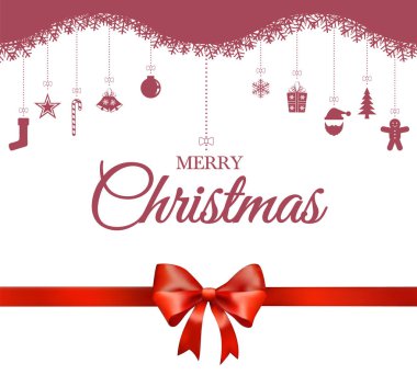 Neşeli Noel kırmızı süsleme ile gerçekçi şerit beyaz arka plan üzerinde asılı