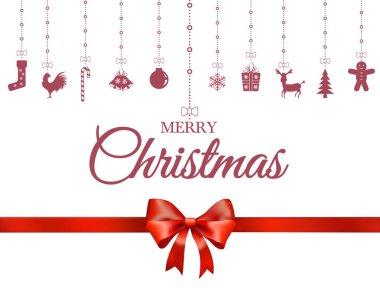 Neşeli Noel kırmızı süsleme ile gerçekçi şerit beyaz arka plan üzerinde asılı