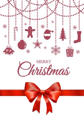 Neşeli Noel kırmızı süsleme ile gerçekçi şerit beyaz arka plan üzerinde asılı
