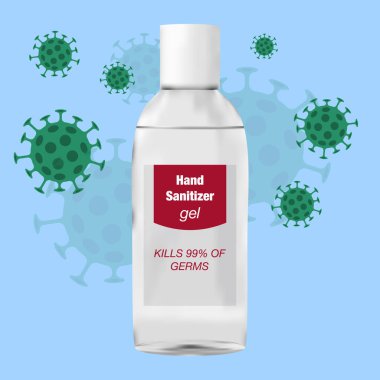 Coronavirus 'un üzerinde alkol jeli şişesi 33D el yıkama jeli.