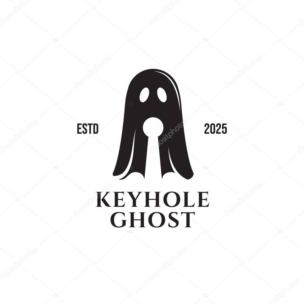 Black ghost with a creative keyhole silhouette logo vector illustration design. Suitable for halloween designs, haunted house posters, spooky party invitations, and horror themed projects.