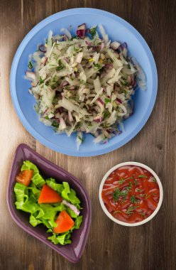 salata daikon, soğan ve bir ahşap zemin üzerine dereotu. bir tabak salata