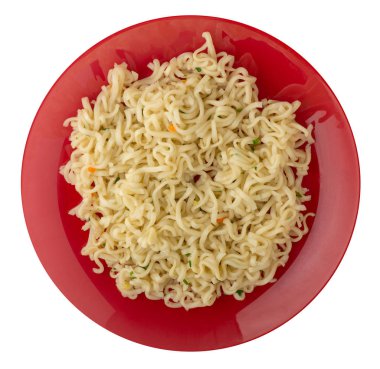  Beyaz arka plan üzerinde izole bir tabak erişte. erişte üzerinde plaka üstten görünüm