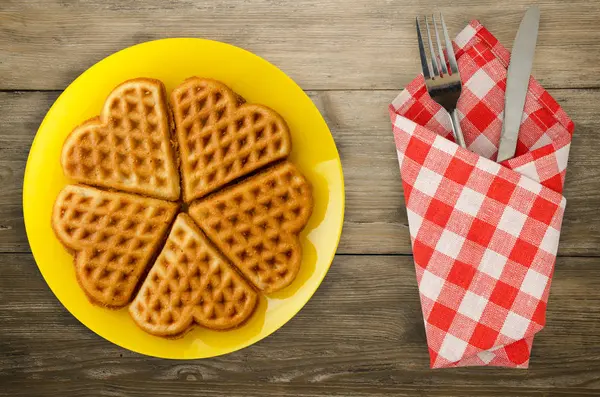 Belgian Waffles Wooden Background Waffles Plate Top View — Stock Photo, Image
