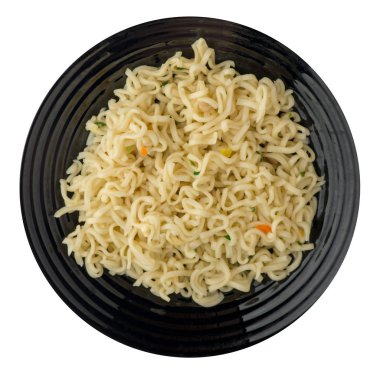  Beyaz arka plan üzerinde izole bir tabak erişte. erişte üzerinde plaka üstten görünüm