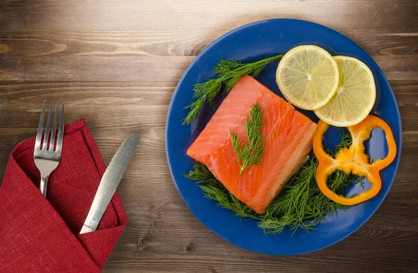 Red Fish Trout Fillets Plate Fish Trout Wooden Background Trout — Stock Photo, Image