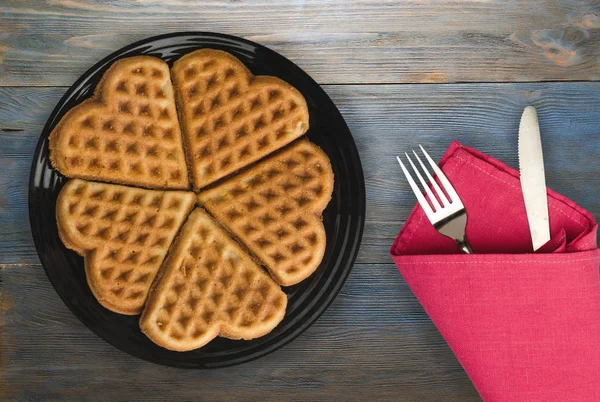 Belgian Waffles Wooden Background Waffles Plate Top View — Stock Photo, Image