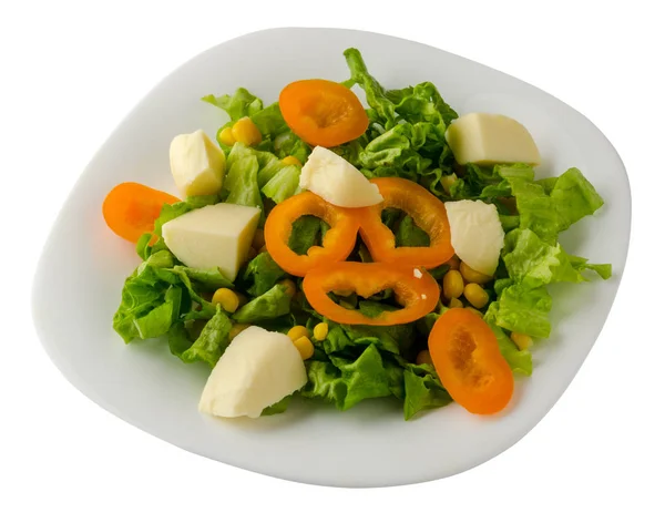 Salade Van Kaas Sla Maïs Peper Geïsoleerd Een Witte Achtergrond — Stockfoto