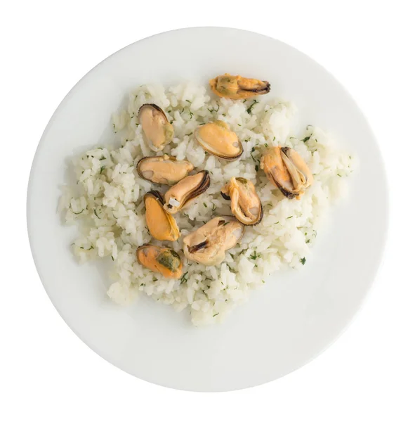 Riz Blanc Aux Moules Sur Une Assiette Riz Aux Moules — Photo