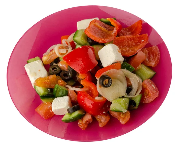 Greek Salad Isolated White Background Greek Salad Plate Top View — Stock Photo, Image