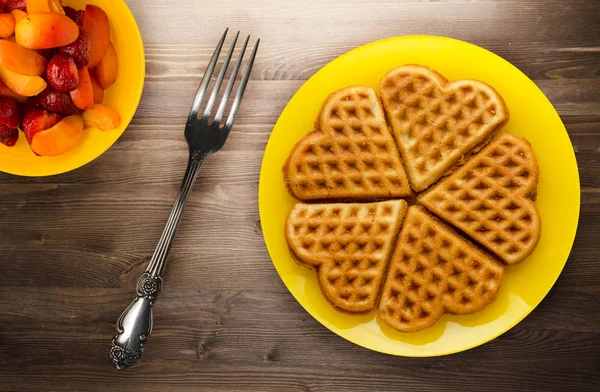 Belgian Waffles Wooden Background Waffles Plate Top View — Stock Photo, Image