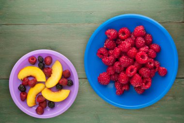 Ahududu bir plaka üzerinde. ahududu ahşap arka plan üzerinde. Ahududu üstten görünüm .