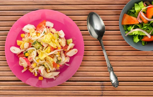 Healthy Food Vegetarian Slates Plate Salad Crab Cucumber Corn Tomato — Stock Photo, Image
