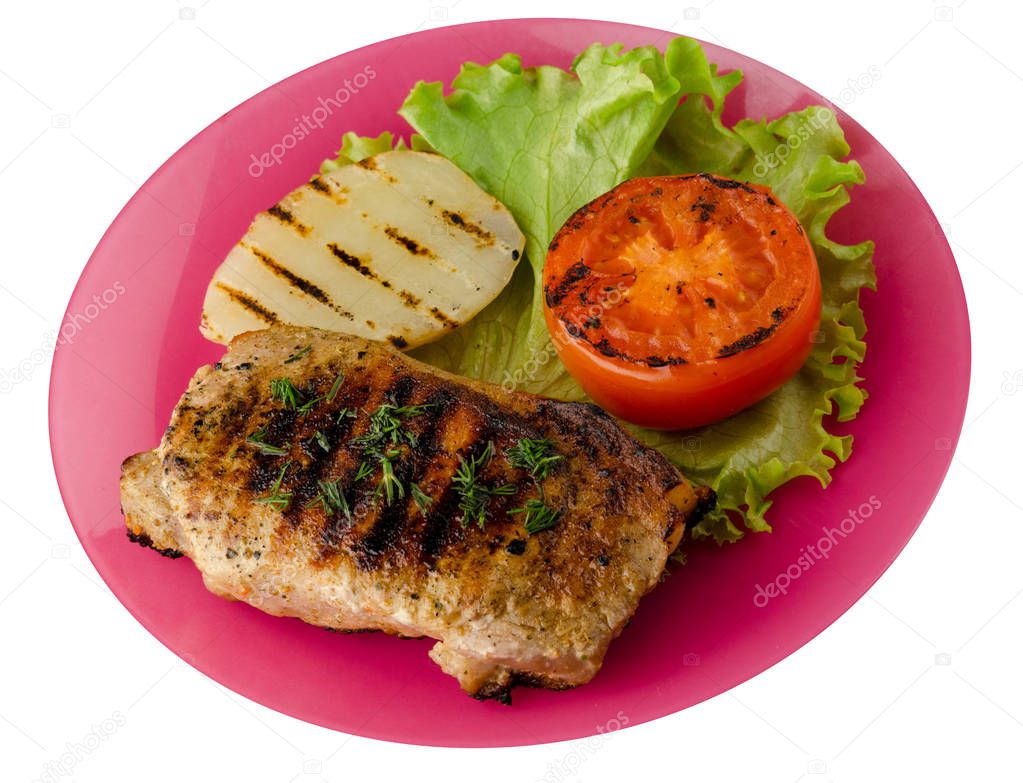  pork grilled with potatoes and tomato isolated on white background. grilled pork on a plate top view