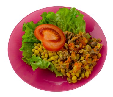 tavuk mideleri havuç ve Mısır ve bir tabak salataya salata. Beyaz arka plan üzerinde izole Sebzeli tavuk salatası