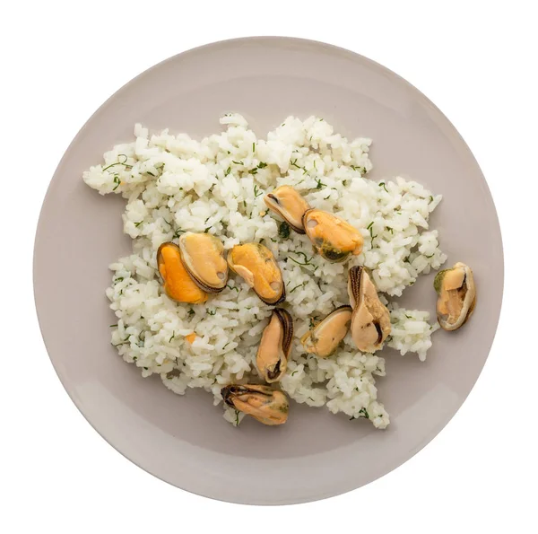 Riz Blanc Aux Moules Sur Une Assiette Riz Aux Moules — Photo