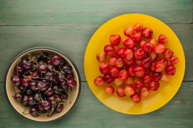 tatlı kiraz bir plaka üzerinde. tatlı Kiraz ahşap arka plan üzerinde. sağlıklı vejetaryen yemek.