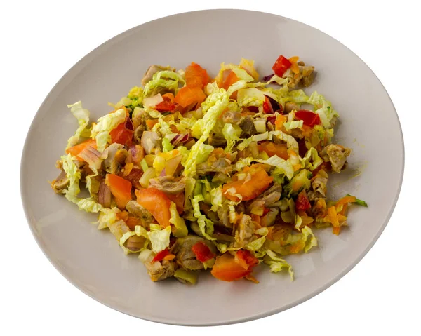 stock image salad with chicken stomachs with vegetables (carrots, onions, peppers, cabbage, tomato, broccoli). salad with chicken on a plate  isolated on white background