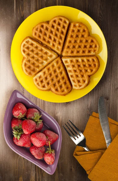 Belgian Waffles Wooden Background Waffles Plate Top View — Stock Photo, Image