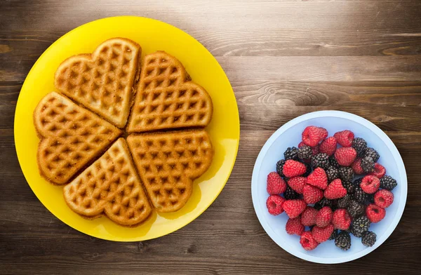 Belgian waffles wooden background — Stock Photo, Image