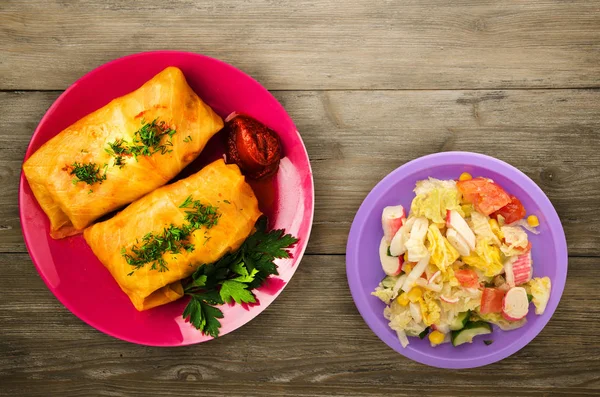 cabbage rolls in a plate . meat in cabbage top view.