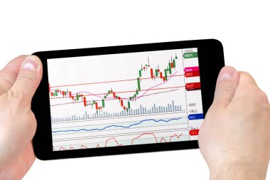 elinde stok grafikleri ile tablet. elinde tablet whi izole