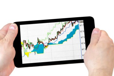 elinde stok grafikleri ile tablet. elinde tablet whi izole
