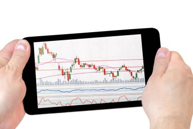elinde stok grafikleri ile tablet. elinde tablet whi izole