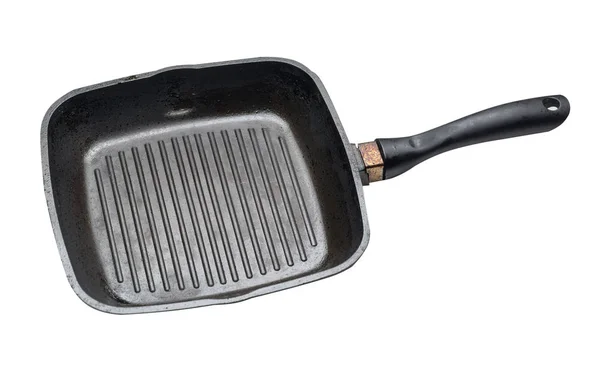 Empty Black Grill Iron pan met geïsoleerde op witte achtergrond. — Stockfoto