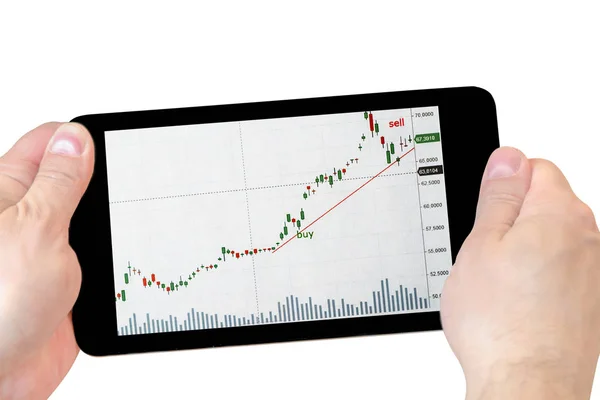 Tablet com gráficos de estoque na mão. comprimido na mão isolado no whi — Fotografia de Stock