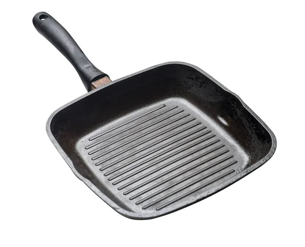 Empty Black Grill Iron pan met geïsoleerde op witte achtergrond. — Stockfoto