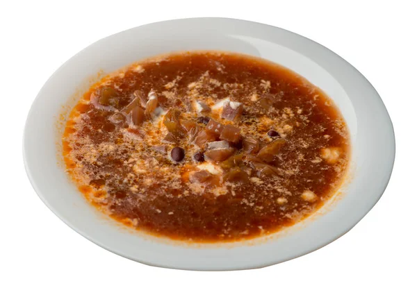 Borschtsch-Suppe isoliert auf weißem Hintergrund. Borschtsch-Suppe im Teller — Stockfoto