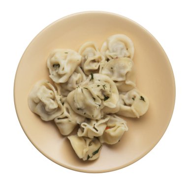 Beyaz arka planda izole bir plaka üzerinde köfte. et Dumpling