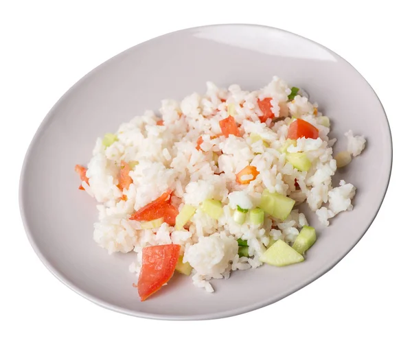 Рис с овощами на тарелке изолированы на белом фоне. r — стоковое фото