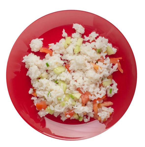 Рис з овочами на тарілці ізольований на білому тлі. р-н — стокове фото