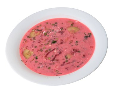 Pancar çorbası beyaz arka plan üzerinde izole.soğuk çorba üst görünümü. 